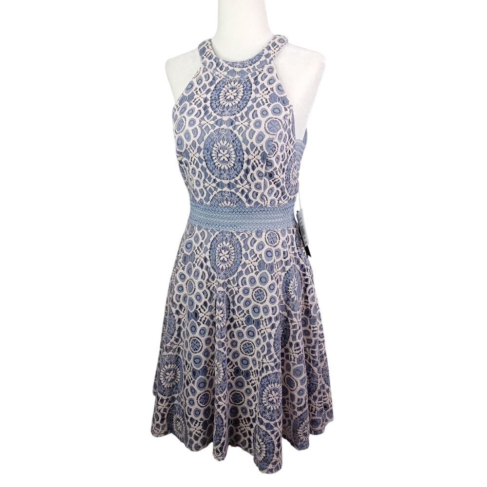 City Triangles Crochet Lace Fit n Flare Skater Dress M Blue Halter Coquette HOCO